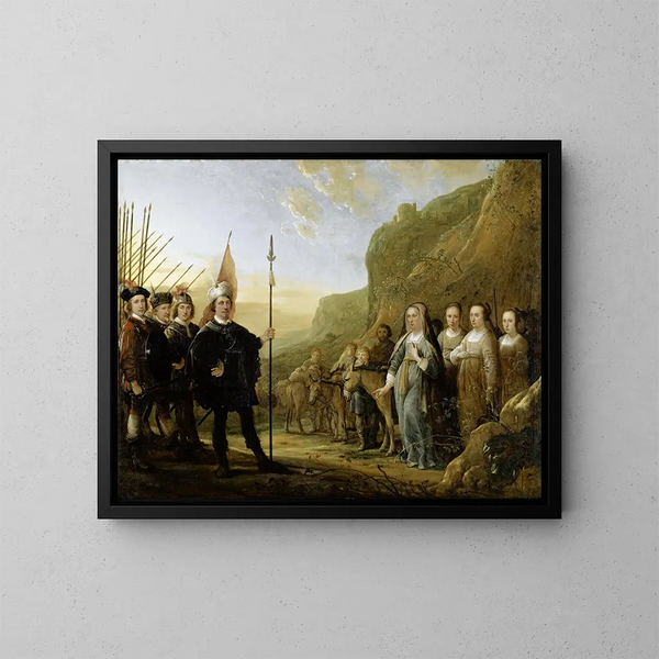 La rencontre de David et Abigail Portrait de la famille de Lowijs Jacobsz Molenschot et de sa femme Janneken Jansdr Rokus - Aelbert Cuyp — indrammet kunstværk på væggen