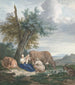 En bonde og en landmand med et barn i et landskab med husdyr - Aert Schouman — visning af kunstværket
