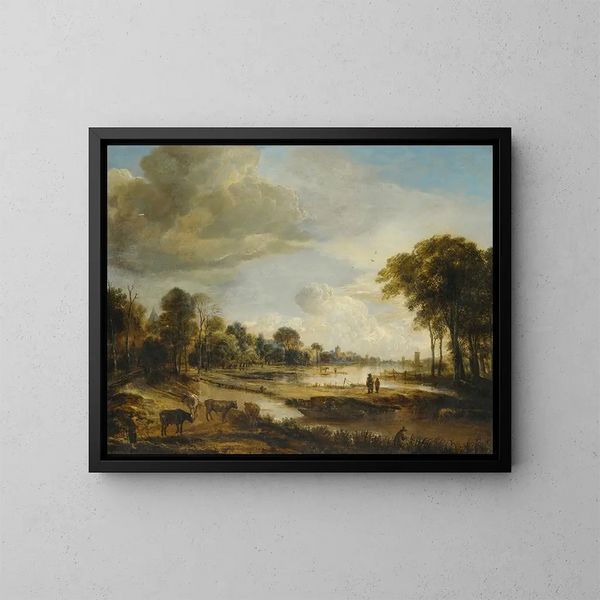 Et flodlandskab med figurer og kvæg - Aert van der Neer — indrammet kunstværk på væggen