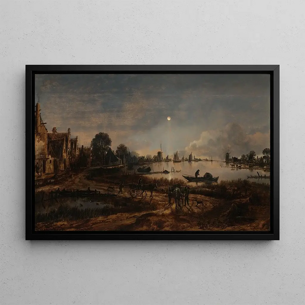 Vue de rivière au clair de lune - Aert van der Neer — indrammet kunstværk på væggen