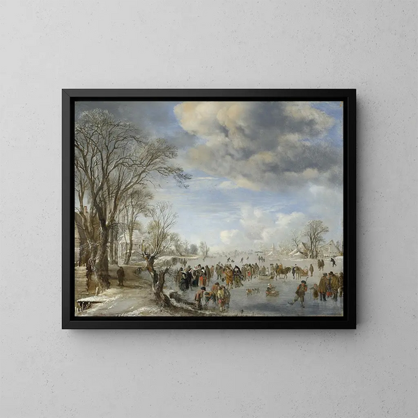 Vinter i Holland, skøjteløberscene - Aert van der Neer — indrammet kunstværk på væggen