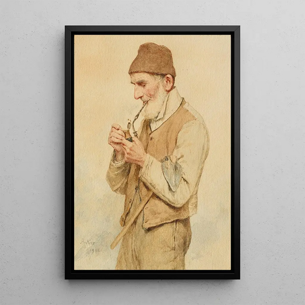 Reproduktion af maleriet Landmandsmaleri, der tænder en pibe - Albert Anker