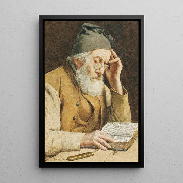 Reproduktion af maleriet af gammel mand, der læser - Albert Anker