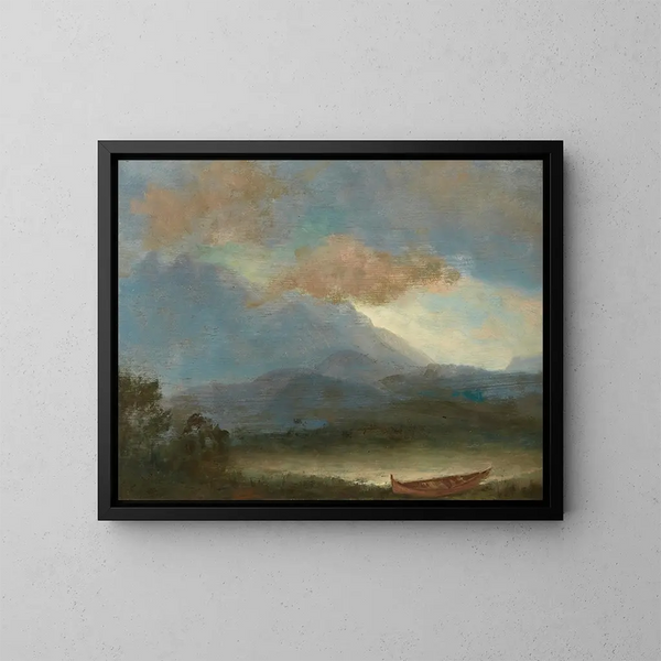 Canoë indisk ved søbredden - Albert Bierstadt — indrammet kunstværk på væggen
