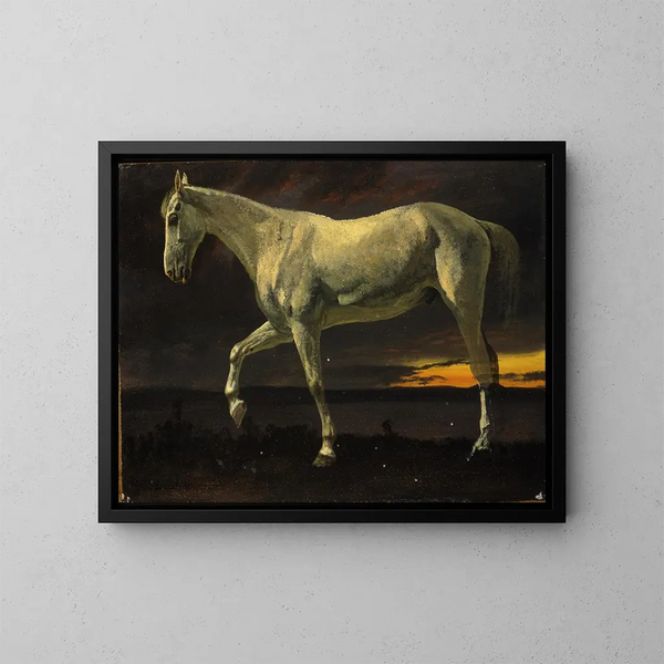 hvid hest og solnedgang - Albert Bierstadt — indrammet kunstværk på væggen