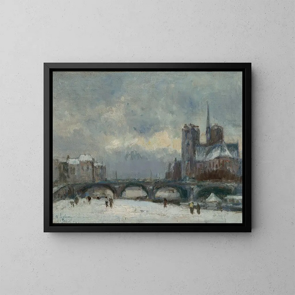 Paris Notre-Dame under sneen - Albert Lebourg — indrammet kunstværk på væggen