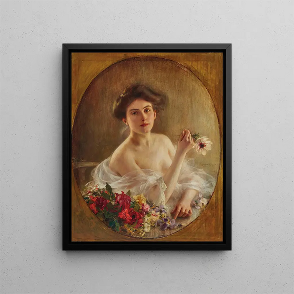 Portrait af en ung kvinde med blomster - Albert Lynch — indrammet kunstværk på væggen
