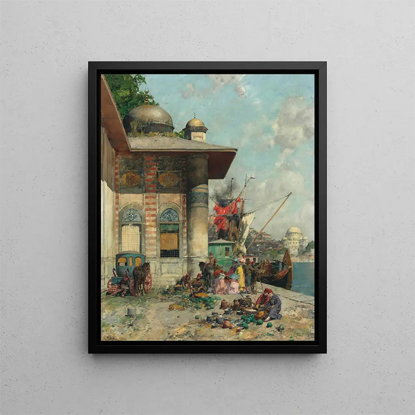 "Jour de marché Un caprice des rives de la vieille ville de Constantinople" - Alberto Pasini — indrammet kunstværk på væggen