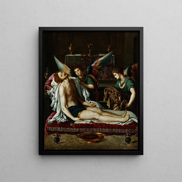 Kristi Legeme salvet af to engle - Alessandro Allori — indrammet kunstværk på væggen