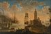 et Capriccio af skibe i en middelhavs-havn med fiskere, der losser deres båd i forgrunden - Alessandro Grevenbroeck — visning af kunstværket