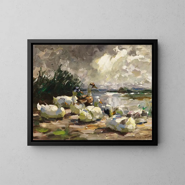 Canards au bord de l'eau, ambiance nuageuse - Alexander Koester — indrammet kunstværk på væggen