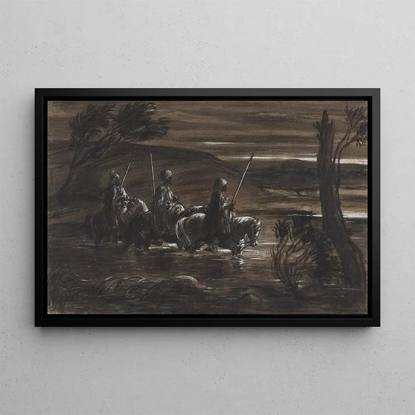 AlexandreGabriel Decamps - Three Arab Horsemen Crossing A River.webp