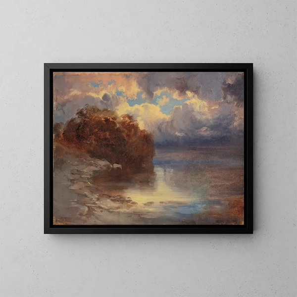 Bord de lac og bjergskråning af træer - Alexandre Calame — indrammet kunstværk på væggen