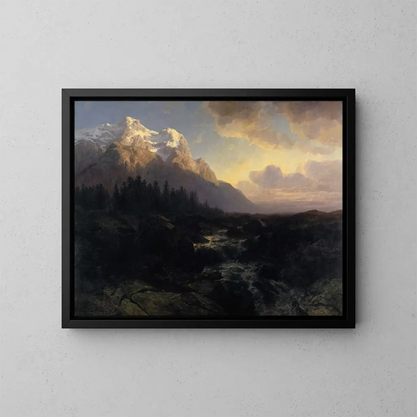 La vallée de Rosenlaui med Wetterhorn - Alexandre Calame — indrammet kunstværk på væggen