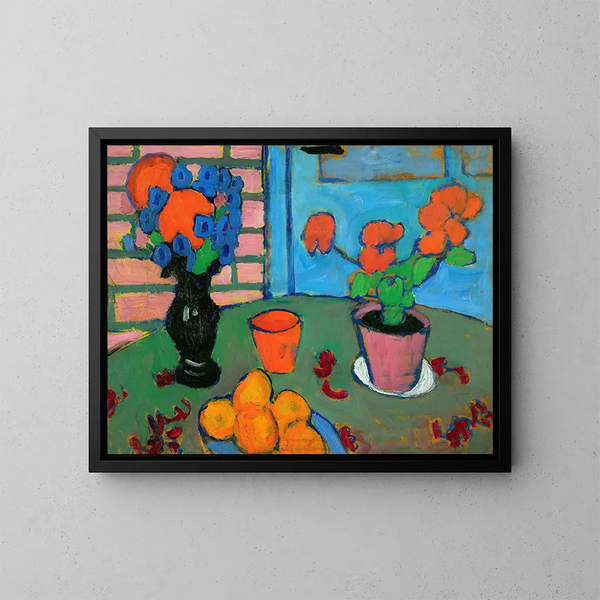 Naturstilleben med blomster og appelsiner - Alexej von Jawlensky — indrammet kunstværk på væggen