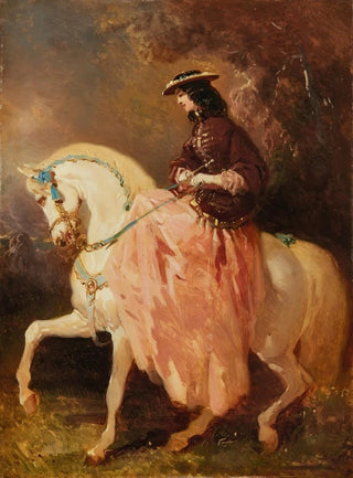 Alfred De Dreux - Amazone au petit canotier veste rouge jupe rose une cravache sur un cheval gris aux rubans bleus.webp
