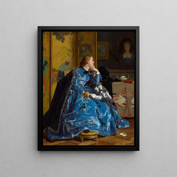 En hertuginde i blå kjole - Alfred Stevens — indrammet kunstværk på væggen
