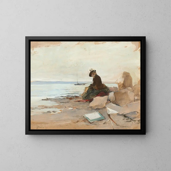 Kvinde maler ved havet - Alfred Stevens — indrammet kunstværk på væggen