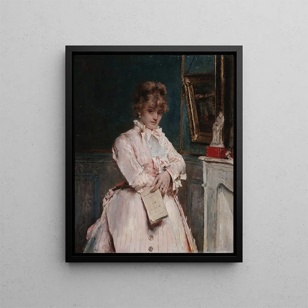 Unge kvinde med en bog - Alfred Stevens — indrammet kunstværk på væggen