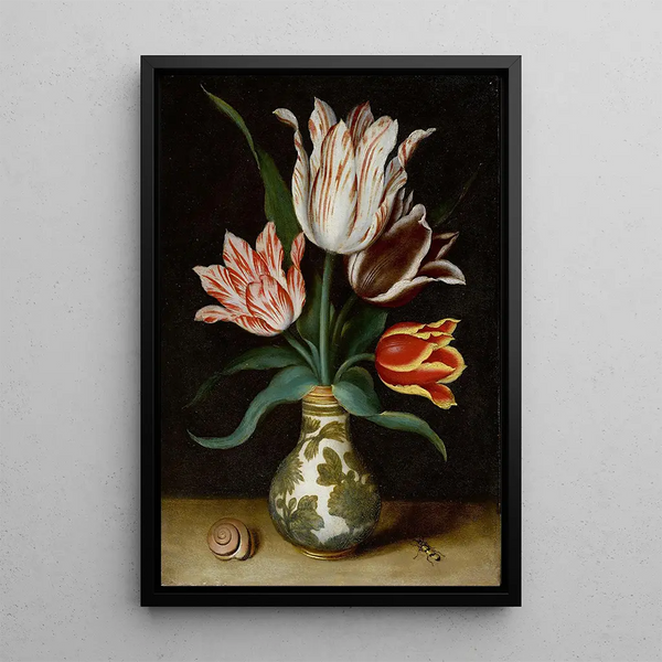 Naturtro af fire tulipaner i en porcelænsvas WanLi - Ambrosius Bosschaert den Ældre — indrammet kunstværk på væggen