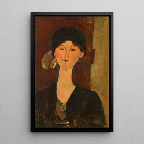 Beatrice Hastings foran en dør - Amedeo Modigliani — indrammet kunstværk på væggen