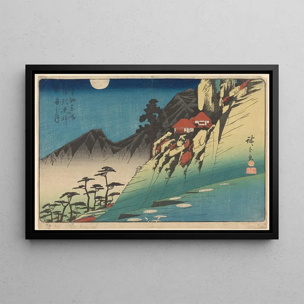 huset på bakken, mørke bjerglandskaber - Andō Hiroshige — indrammet kunstværk på væggen