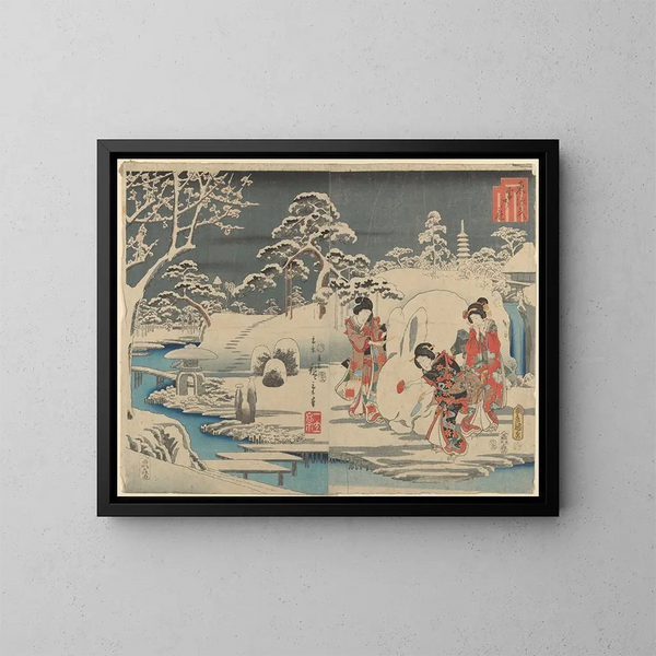 Tre kvinder, der laver en snekanin i en have - Andō Hiroshige — indrammet kunstværk på væggen