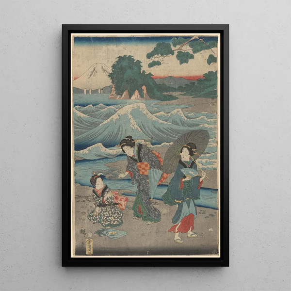 Tre kvinder og bølger - Andō Hiroshige — indrammet kunstværk på væggen