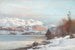 Landskab med vinterlandskab med morgensollys over bjergene i baggrunden udsigt over Alperne - Anders Andersen-Lundby — visning af kunstværket