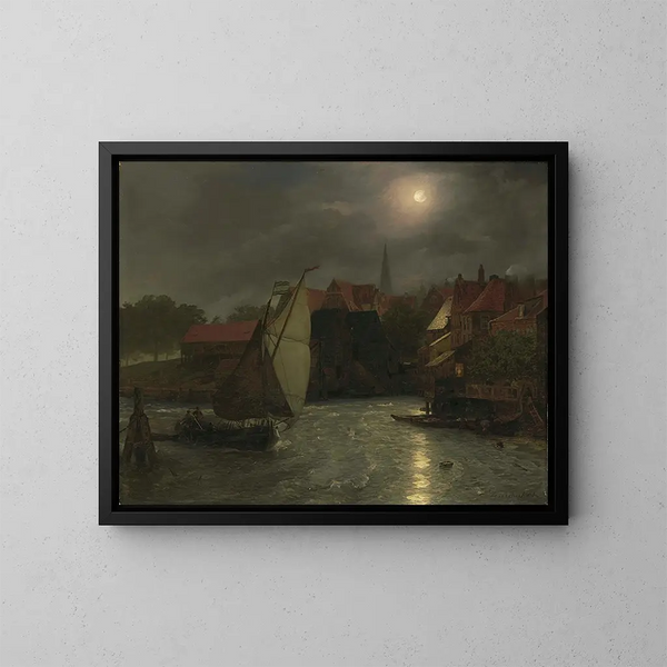 Bateaux sur un canal au clair de lune - Andreas Achenbach — indrammet kunstværk på væggen
