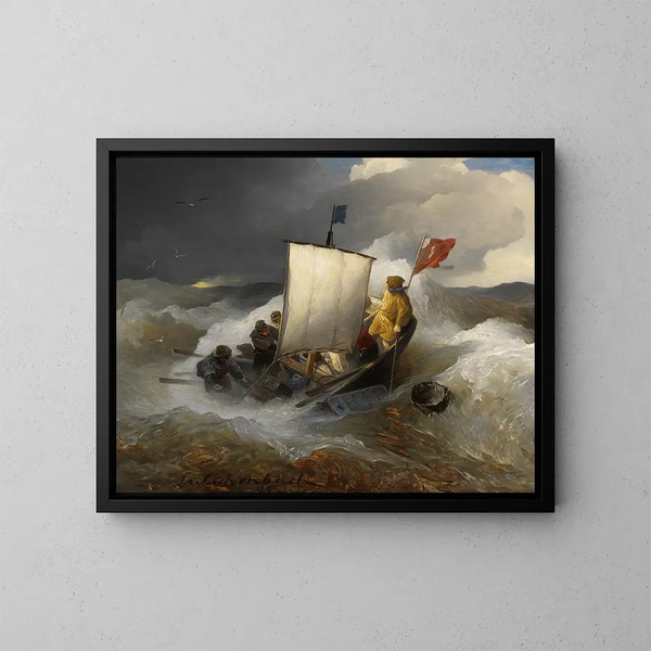 Båd af fiskeri på en oprørt hav - Andreas Achenbach — indrammet kunstværk på væggen