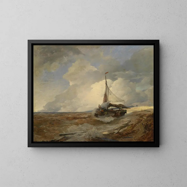 Båd i nød - Andreas Achenbach — indrammet kunstværk på væggen