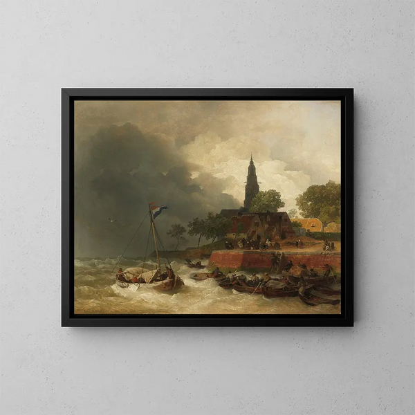 Hollandsk havn maleri under stormen - Andreas Achenbach — indrammet kunstværk på væggen