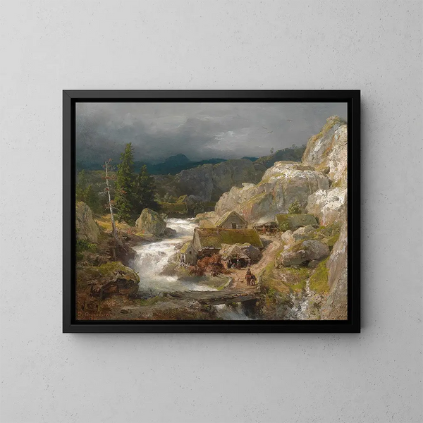 Moulin ved bredden af bækken - Andreas Achenbach — indrammet kunstværk på væggen