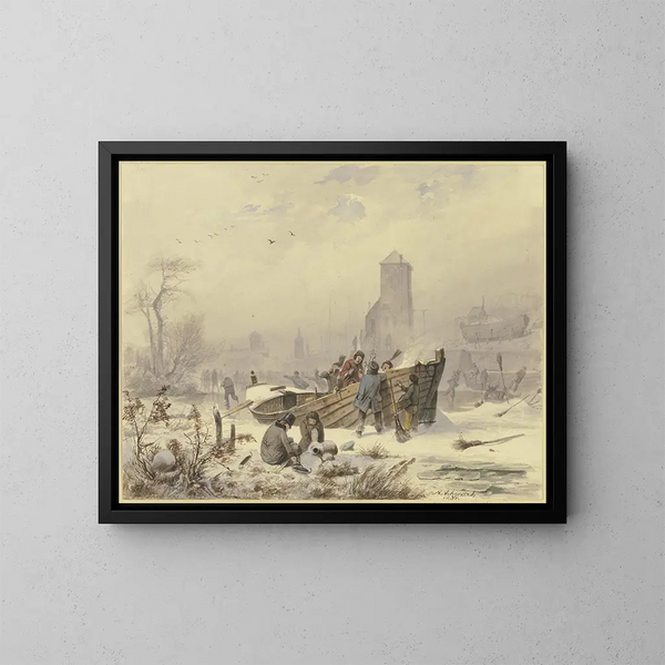Marine maleri nær et frosset skib - Andreas Achenbach — indrammet kunstværk på væggen