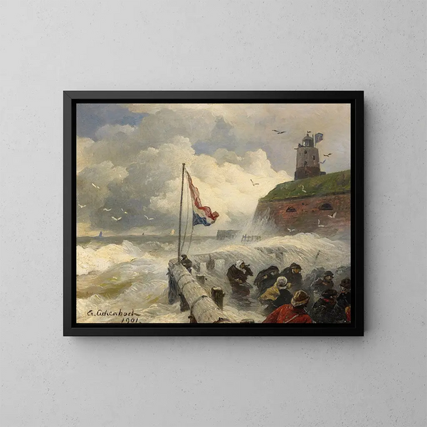 Tempête sur le brise-lames - Andreas Achenbach — indrammet kunstværk på væggen