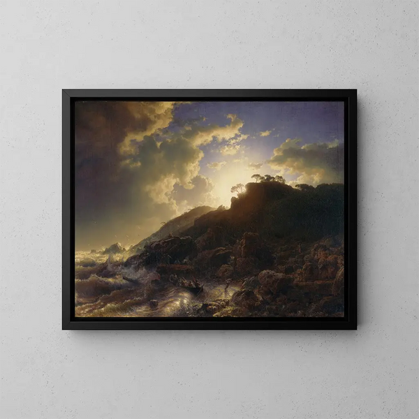 Solnedgang efter en storm ved Siciliens kyst - Andreas Achenbach — indrammet kunstværk på væggen