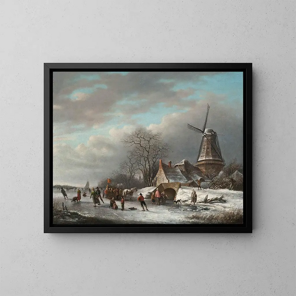 Patineurs sur une voie d'eau néerlandaise près d'un moulin à vent - Andreas Schelfhout | Reproduction — indrammet kunstværk på væggen