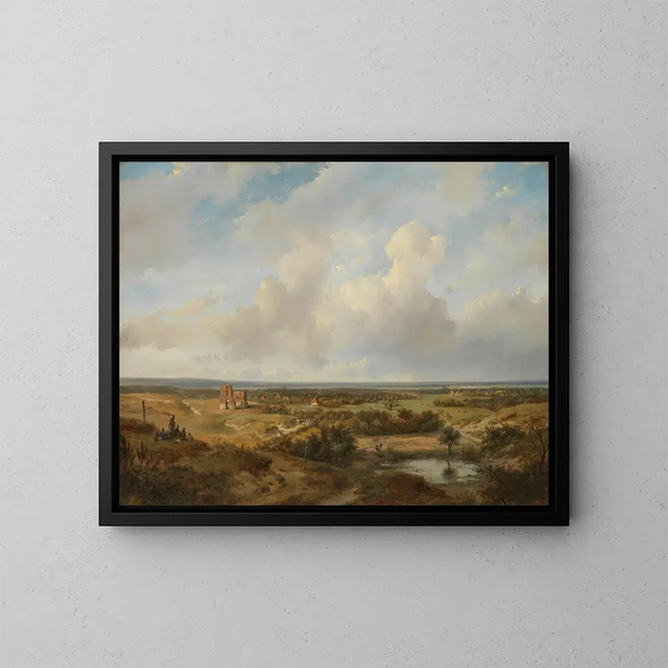 Vue des dunes avec les ruines du château de Brederode près de Santpoort - Andreas Schelfhout — indrammet kunstværk på væggen