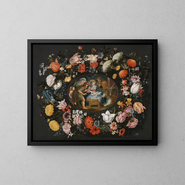 Adoration des bergers entourée d'une guirlande de fleurs - Andries Snellinck — indrammet kunstværk på væggen