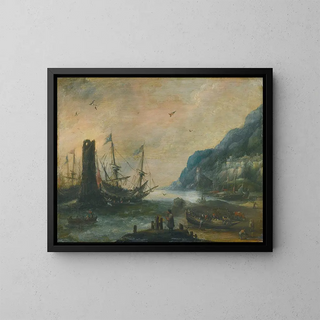 Andries van Eertvelt - A mediterranean coastal scene with a tower ships and figures on the shore.webp