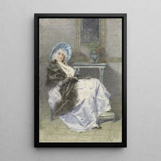 Angelo Achini - Zittende jonge vrouw met zwarte shawl en paarse rok.webp
