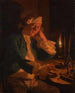 et videnskabsmand siddende ved et skrivebord ved stearinlys - Anna Dorothea Therbusch — visning af kunstværket