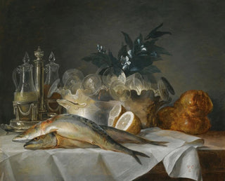 Anne VallayerCoster - A Still Life Of Mackerel Glassware A Loaf Of Bread And Lemons On A Table With A White Cloth.webp
