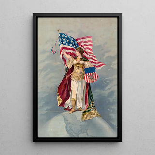 Anonymous - Columbia standing on the earth holding an American flag and trademark sign.webp