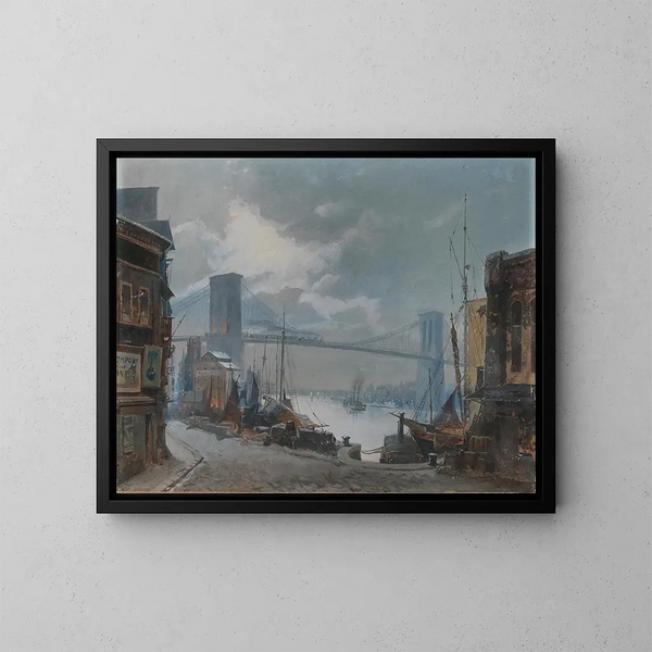 Brooklyn Bridge-scenen i New York, åbnet i 1883, med South Street i forgrunden - Anonym — indrammet kunstværk på væggen
