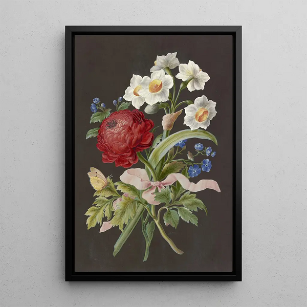 Reproduktion af maleriet Arrangement af blomster med rød ranunkel, hvid narcisse og blå blomst med postillon - Anonym