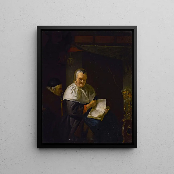 Indendørs med en kvinde, der læser ved siden af en spinderok, og en mand, der ryger - Antoine van Dyck — indrammet kunstværk på væggen