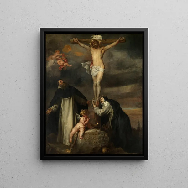 Le Christ en Croix med Sankt Katharina af Siena, Sankt Dominikus og en engel - Antoine van Dyck — indrammet kunstværk på væggen