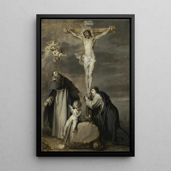 maleriet Den korsfæstede Kristus, tilbedt af helgenerne Dominikus og Katarina af Siena - Antoine van Dyck — indrammet kunstværk på væggen